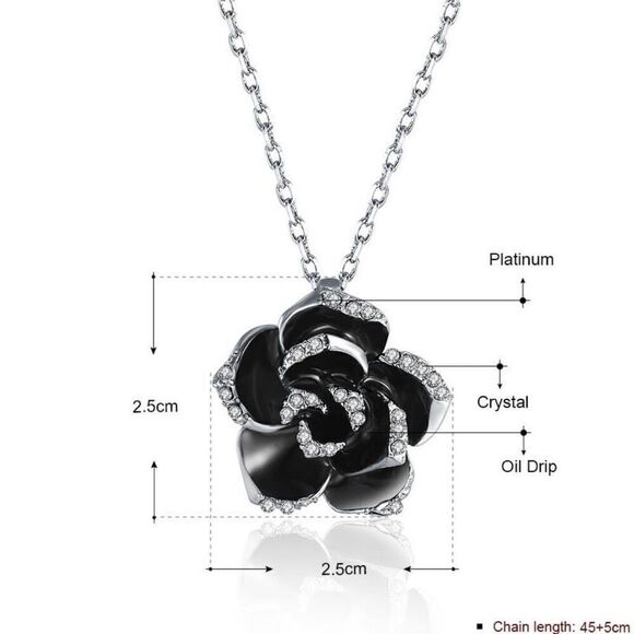 Sterling Silver Black Flower Enamel Drip Rhinestone Necklace Womens New - Picture 10 of 12